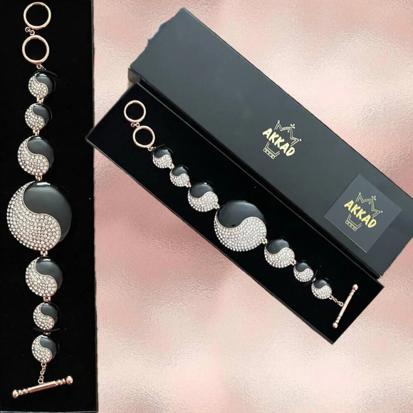 Akkad Ying Yang Black Enamel Crystal Pave Set In Rose Gold-Tone Toggle Bracelet - Picture 1 of 3